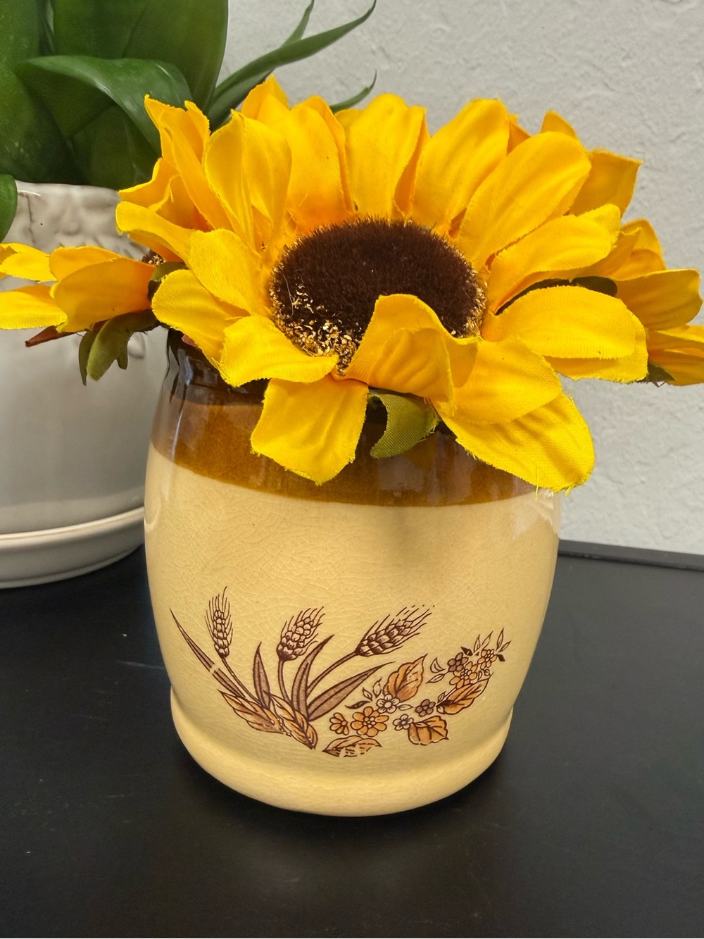 Vintage Stoneware Brown Wheat & Floral Pattern Ceramic Jar and Container